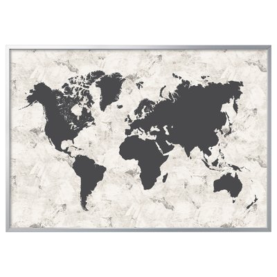 ІКЕА BJÖRKSTA БЬЙОРКСТА, 194.168.53 - Картина з рамкою, чорно-біла карта світу, сріблястий, 200х140см 194.168.53 фото